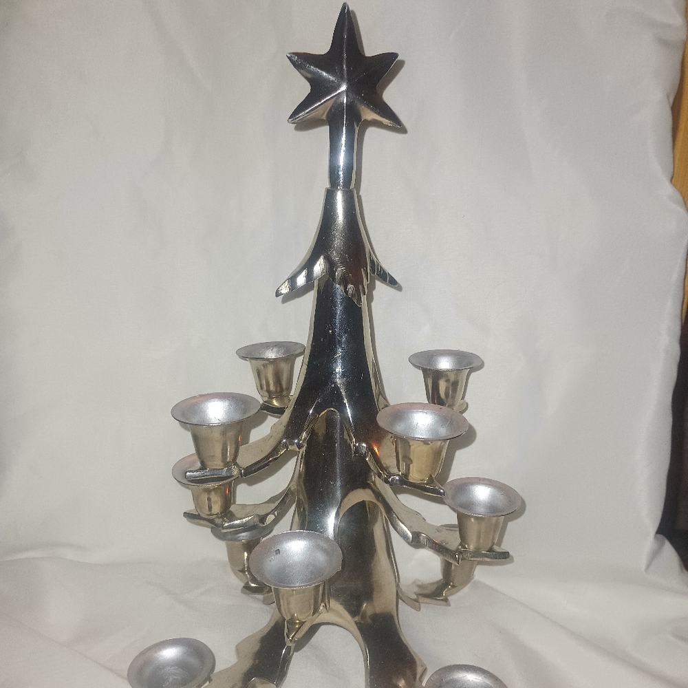 Silver retired tabletop Christmas tree, candle holder.